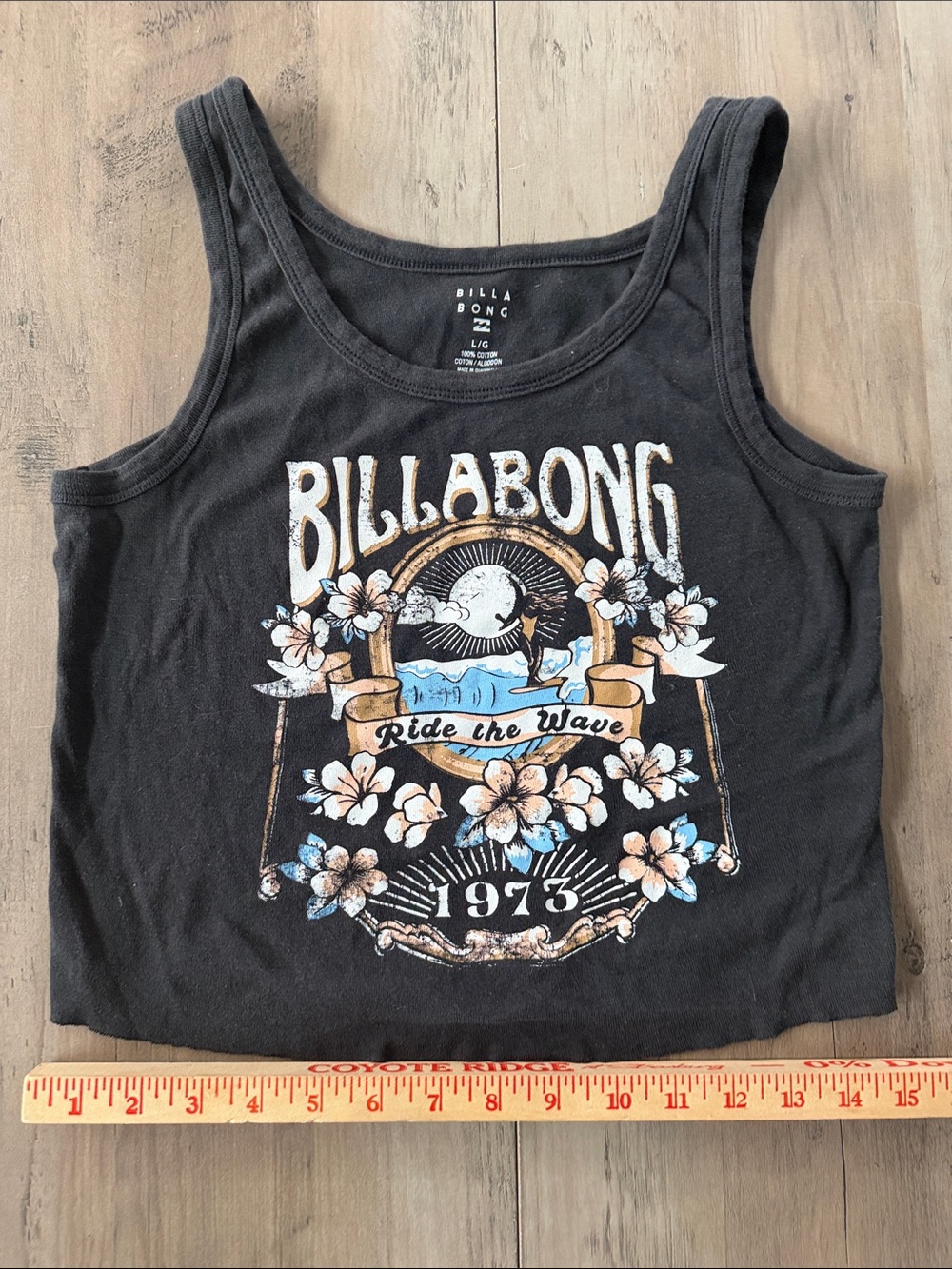 Large Billabong Black Graphic Floral Tank with Blue & Tan Accents